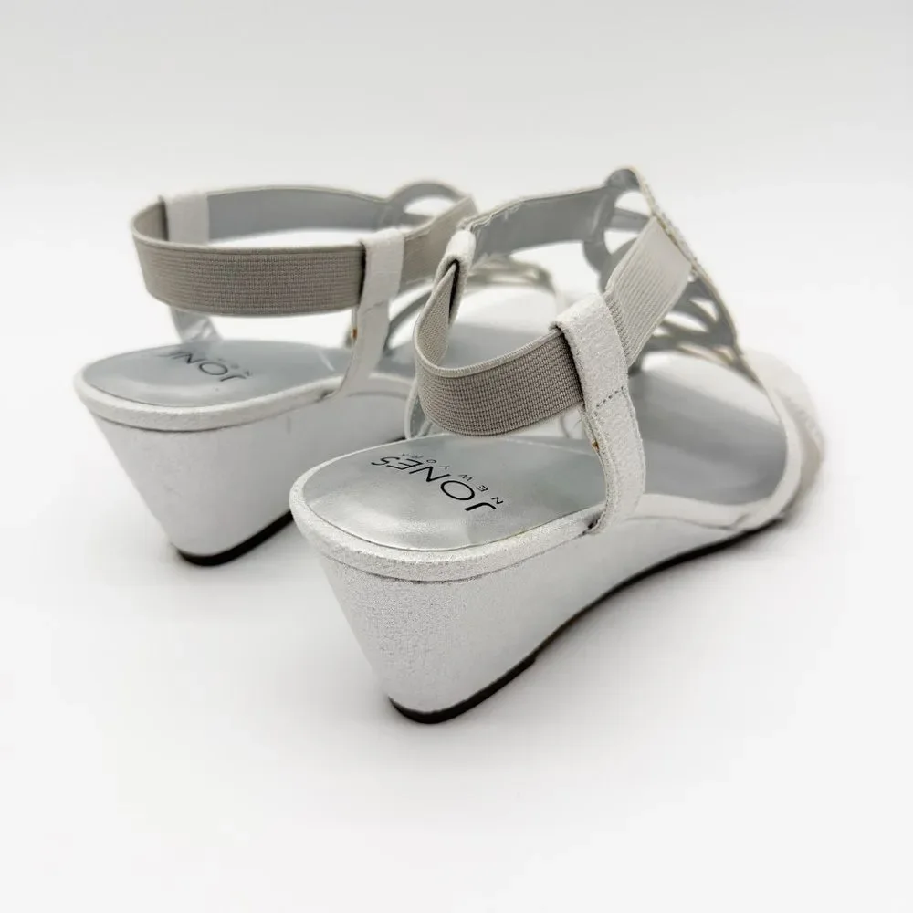 Jones New York Denice Strappy Bling Wedge Sandals Elastic Ankle Silver 7.5 NEW